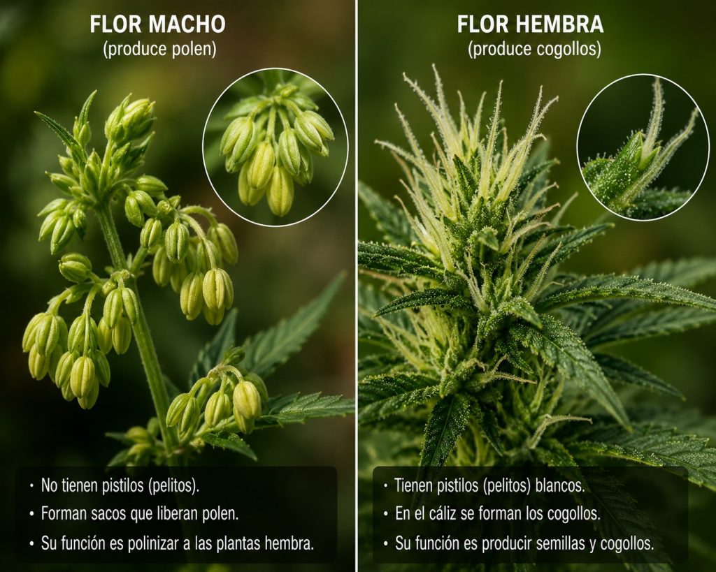 Flores cannabis machos y hembras