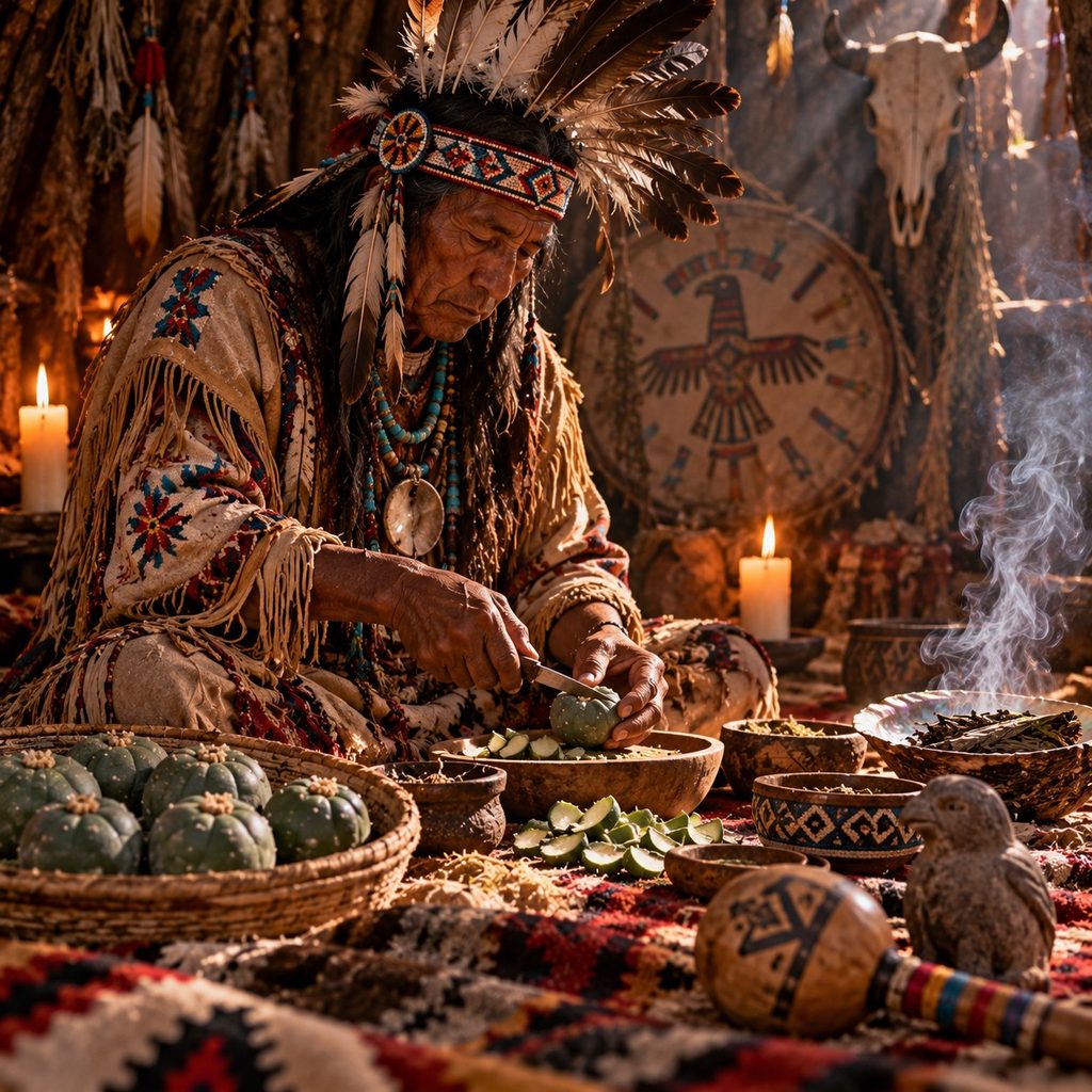 CHAMAN PREPARANDO CACTUS DE PEYOTE